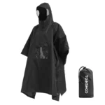 Poncho imperméable noir avec capuche, poche transparente et sac de rangement pratique. Protection optimale contre la pluie.