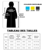 Tableau tailles poncho scooter pluie homme femme XL à XXXL, dimensions et couleurs dispo : bleu, jaune, noir pour protection pluie