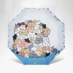 Parapluie manuel bleu motif chats blancs pastels, anti-UV, élégant et pratique pour rester au sec avec style.