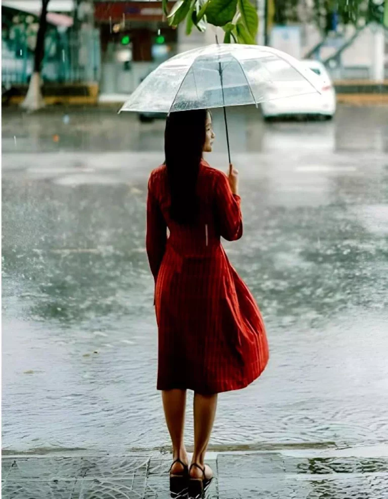 Beau voyage en Asie, sous la pluie avec un parapluie !