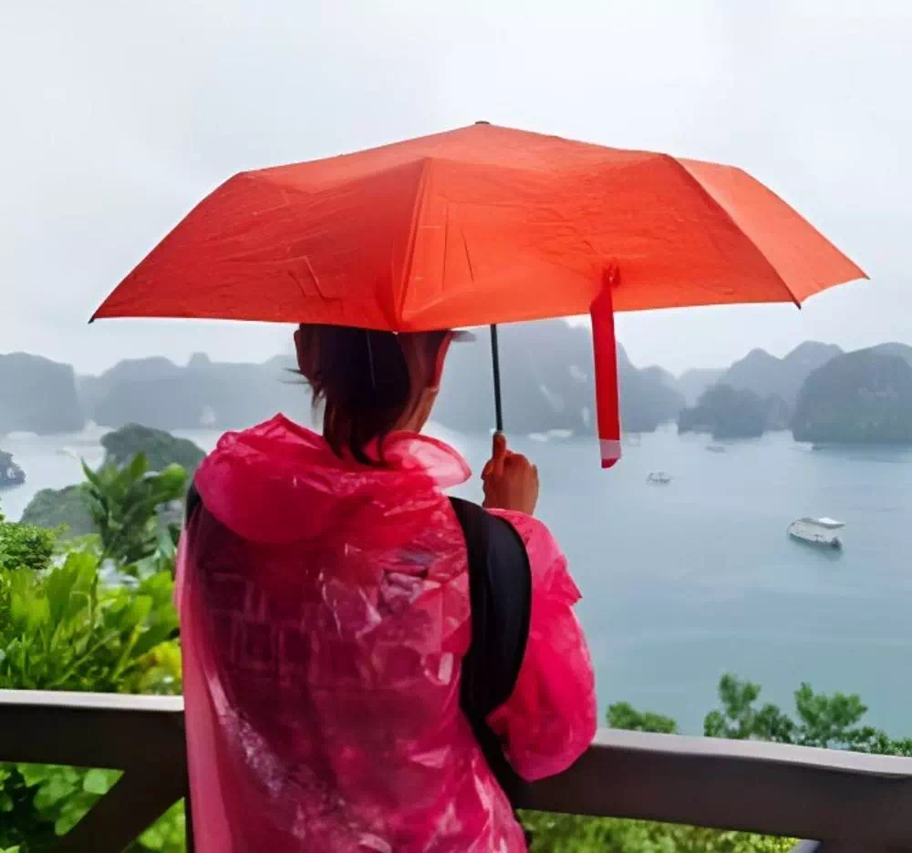 Nous dernier voyage en Asie, sous la pluie avec un parapluie !