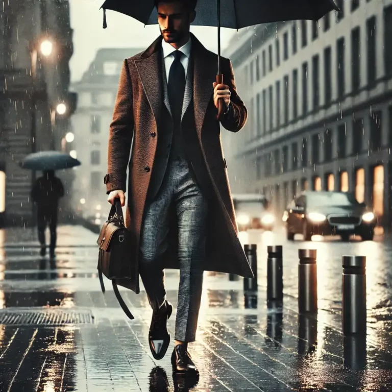 Messieurs, comment s'habiller les jours de pluie ? Avec classe et un parapluie...