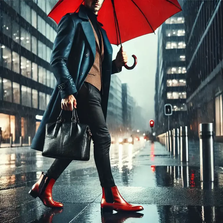 Messieurs, comment s'habiller les jours de pluie ? parapluie rouge, manteau...