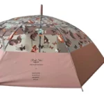 Parapluie canne chat transparent avec bord large, motifs animaux et papillons, manche rose, citations inspirantes élégantes.