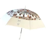 Parapluie canne transparent avec motifs chat et large bord, combine élégance et protection contre la pluie.