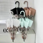 Parapluie canne chat transparent avec large bord, design élégant, motifs modernes, collection colorée en noir, blanc, menthe et rose.