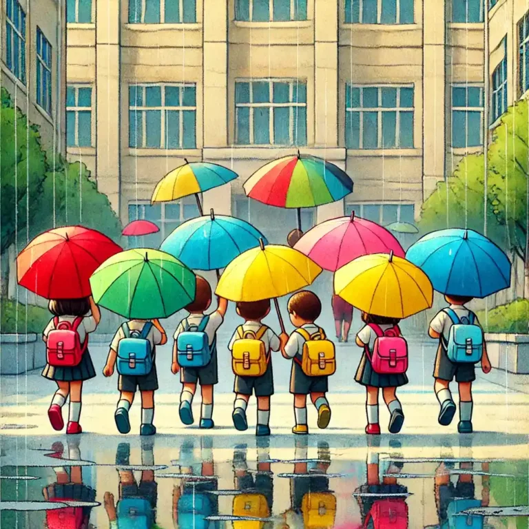 Le parapluie jaune de Ryu Jae Soo ! Les enfants qui arrivent à l'école en parapluie.