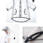 Poncho enfant transparent avec capuche et détails noirs, idéal contre la pluie, pratique avec boutons de pression.