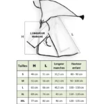 Tableau des tailles imperméable enfant transparent, mesures S à XXL avec hauteur conseillée et dimensions H, L, manches inclues.