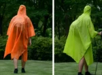 Ponchos pluie homme orange et jaune fluo, imperméables, parfaits pour les activités en extérieur. Protection efficace contre la pluie.