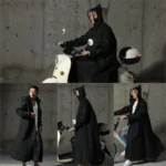 Poncho scooter imperméable noir avec capuche, homme femme, élégant et fonctionnel, idéal pour protection pluie en déplacement.