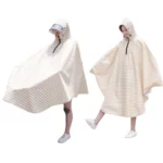 Poncho vélo à visière amovible femme, rayures beige et crème, capuche, porté en extérieur, idéal pour la pluie [Collection]