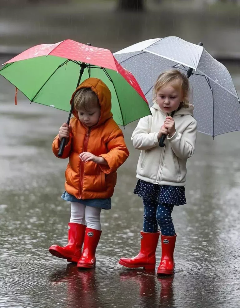 2 enfants en parapluie qui jouent dehors !