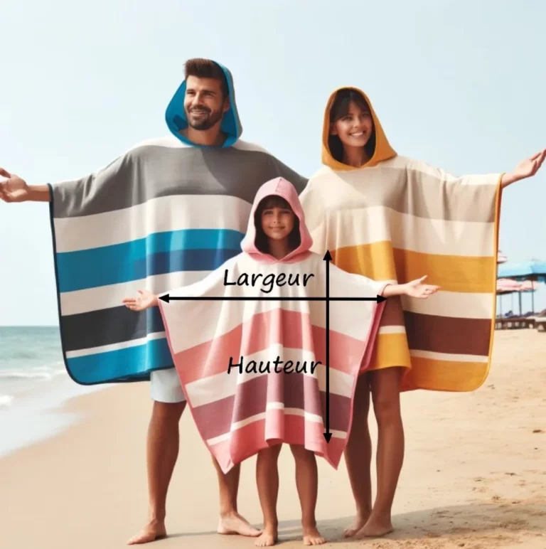 Guide des mesures et des tailles pour un poncho de surf pour les membres de la famille.