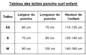 Guide des mesures et des tailles pour un poncho de surf enfant.