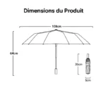 Parapluie homme chic, compact 35x5 cm replié, diamètre 108 cm, hauteur 64 cm, élégant et pratique, idéal pour toutes saisons.