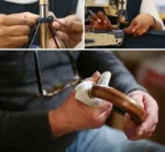 Fabrication artisanale de parapluie homme élégant, détails couture et cadre, mettant en valeur qualité et savoir-faire expert.