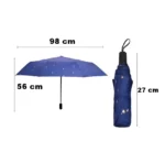 Parapluie pliable bleu rayé, compact et élégant, 98 cm ouvert, 27 cm plié, parfait pour affronter la pluie avec style.