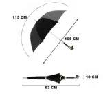 Parapluie homme luxe noir, ouvert 115x105 cm, poignée courbée élégante, replié 93 cm long, design haut de gamme pour hommes raffinés.