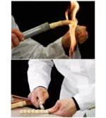 Artisan façonnant un parapluie canne avec une poignée en bambou : brûlage et sculpture du bois pour des finitions élégantes.