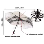 Parapluie femme automatique avec pochette, motif paysage, 96 cm diamètre, 56 cm hauteur, 8 baleines résistantes en métal.
