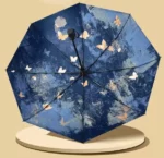 Parapluie automatique femme avec motif papillons sur fond bleu, élégant et pratique, parfait pour style et protection contre la pluie.