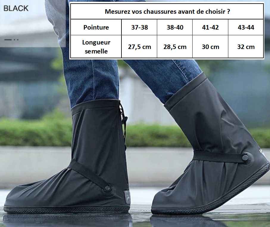 Couvre-chaussures à lacet réglable avec fermeture-éclair, en vinyle noir, étanches, détails semelle et ajustement cheville visibles.