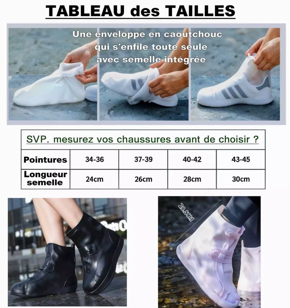 Tableau des tailles pour notre couvre-chaussures en silicone imperméables !
