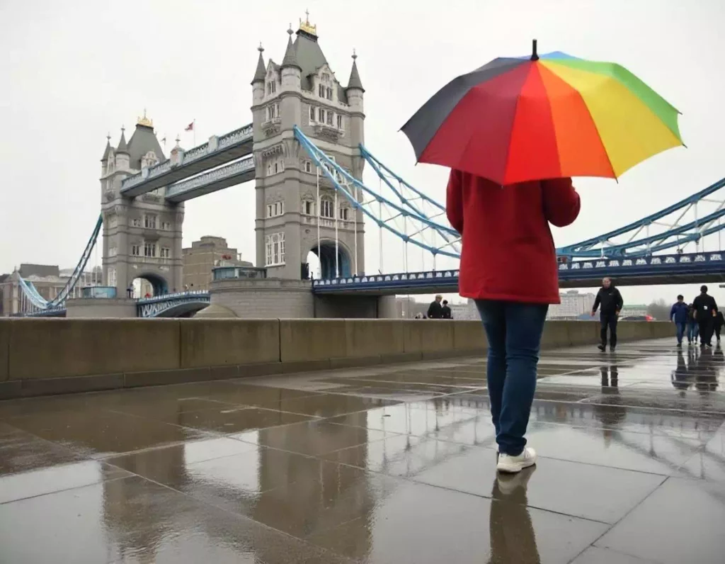 Visiter Londres sous la pluie, avec un parapluie anglais muti-colore