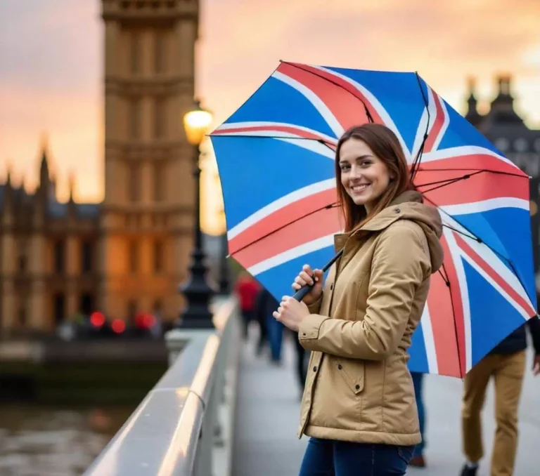 Belle femme sous la pluie avec son parapluie anglais à Londres