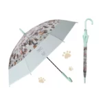 Parapluie VERT canne transparent avec motif chat et fleurs, poignée courbée, structure solide. Style unique pour les jours de pluie.