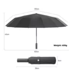 Magnifique parapluie automatique noir de 107 cm de diamètre et 33 cm replié.