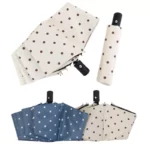 Parapluie automatique noir, motif à pois, 2 couleurs, le bleu et le blanc.