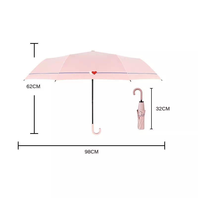 Parapluie rose élégant avec motif de double cœur, 98 cm de diamètre, 62 cm de hauteur ouvert, compact à 32 cm replié.
