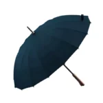 Parapluie golf bleu marine avec longue poignée en bois, accessoire élégant et robuste idéal pour une protection fiable contre la pluie.