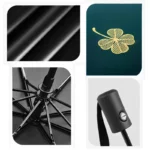 Joli parapluie vert automatique de qualité, mécanisme solide et fonctionnel.
