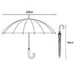 Parapluie canne large 110 cm de diamètre avec un mât en acier de 94 cm de long, design robuste et raffiné pour une protection élégante sous la pluie.