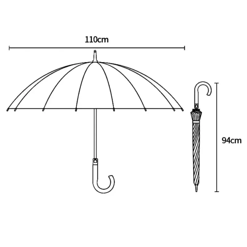 Parapluie canne large 110 cm de diamètre avec un mât en acier de 94 cm de long, design robuste et raffiné pour une protection élégante sous la pluie.