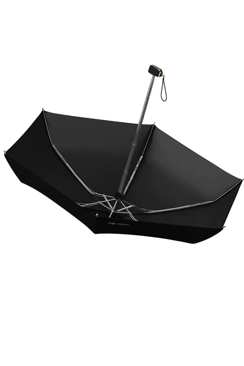 Parapluie noir anti-UV ouvert, structure renforcée et durable.