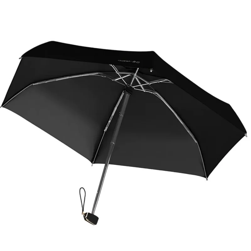 Parapluie noir anti-UV ouvert, structure renforcée et durable.