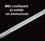 Mât en aluminium argenté du parapluie anti-UV, robuste et léger.