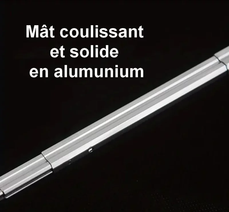Mât en aluminium argenté du parapluie anti-UV, robuste et léger.