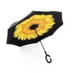 Parapluie inversé motif tournesol lumineux, poignée en C ergonomique. Double toile anti-UV