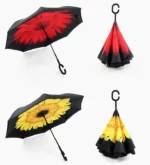 Parapluies inversés floraux rouge ou jaune, double couche anti-UV, ouverture inversée, poignée en C. Élégance, confort et originalité sous la pluie.
