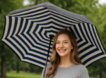 Parapluie rayé bleu marine et blanc, look marin élégant. Parfait pour affronter la pluie avec style. Léger, robuste et facile à transporter.