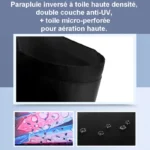 Parapluie inversé à toile double couche haute densité, anti-UV, avec tissu micro-perforé pour une aération optimale. Résiste au vent et à la pluie.
