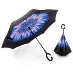 arapluie inversé motif fleur bleue, poignée en C ergonomique, ouverture facile et beau design. Élégant, résistant et pratique sous la pluie.