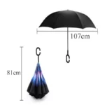 Parapluie inversé 107 cm, hauteur 81 cm, poignée en C pratique, ouverture facile et design anti-gouttes. Résistant, élégant et idéal sous la pluie.
