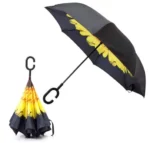 Parapluie inversé avec motif fleur jaune fleur de tournesol, poignée en C ergonomique, design anti-gouttes et ouverture facile. Élégant, pratique et idéal sous la pluie.