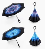 Parapluies inversés fleurs bleues, motifs lumineux et élégants. Poignée en C